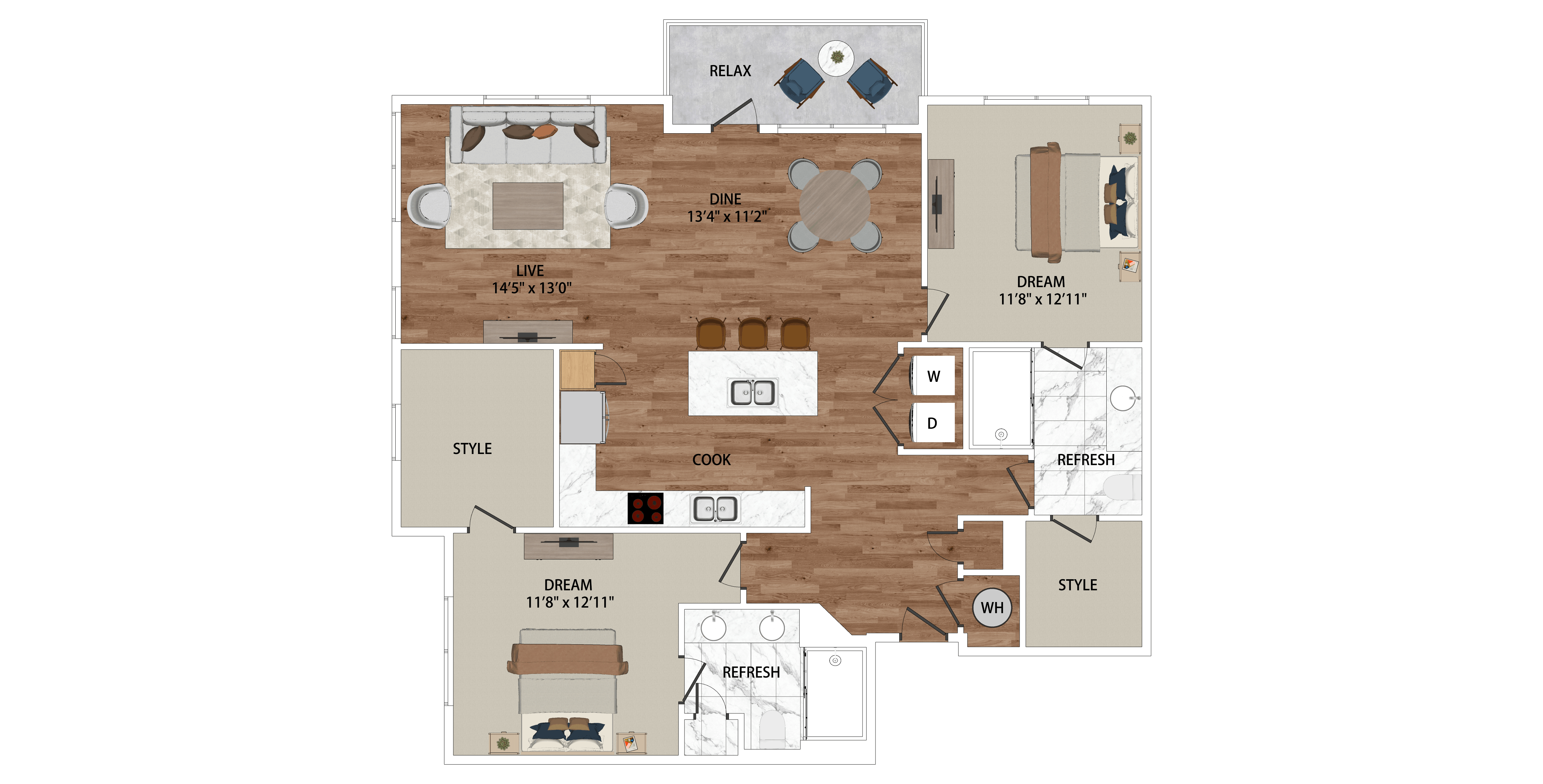 Floor plan for 2 beds, 2 baths, 1368 sqft